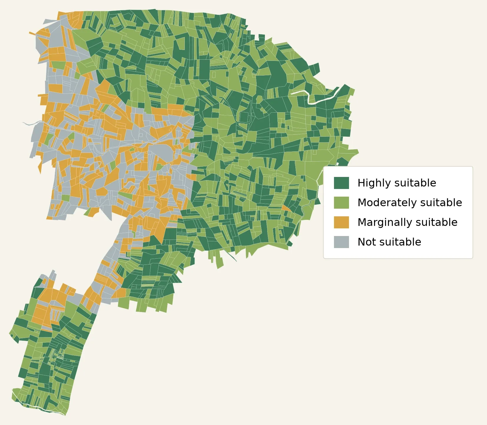 Parcel map coloured by crop suitability, from highly suitable to not suitable
