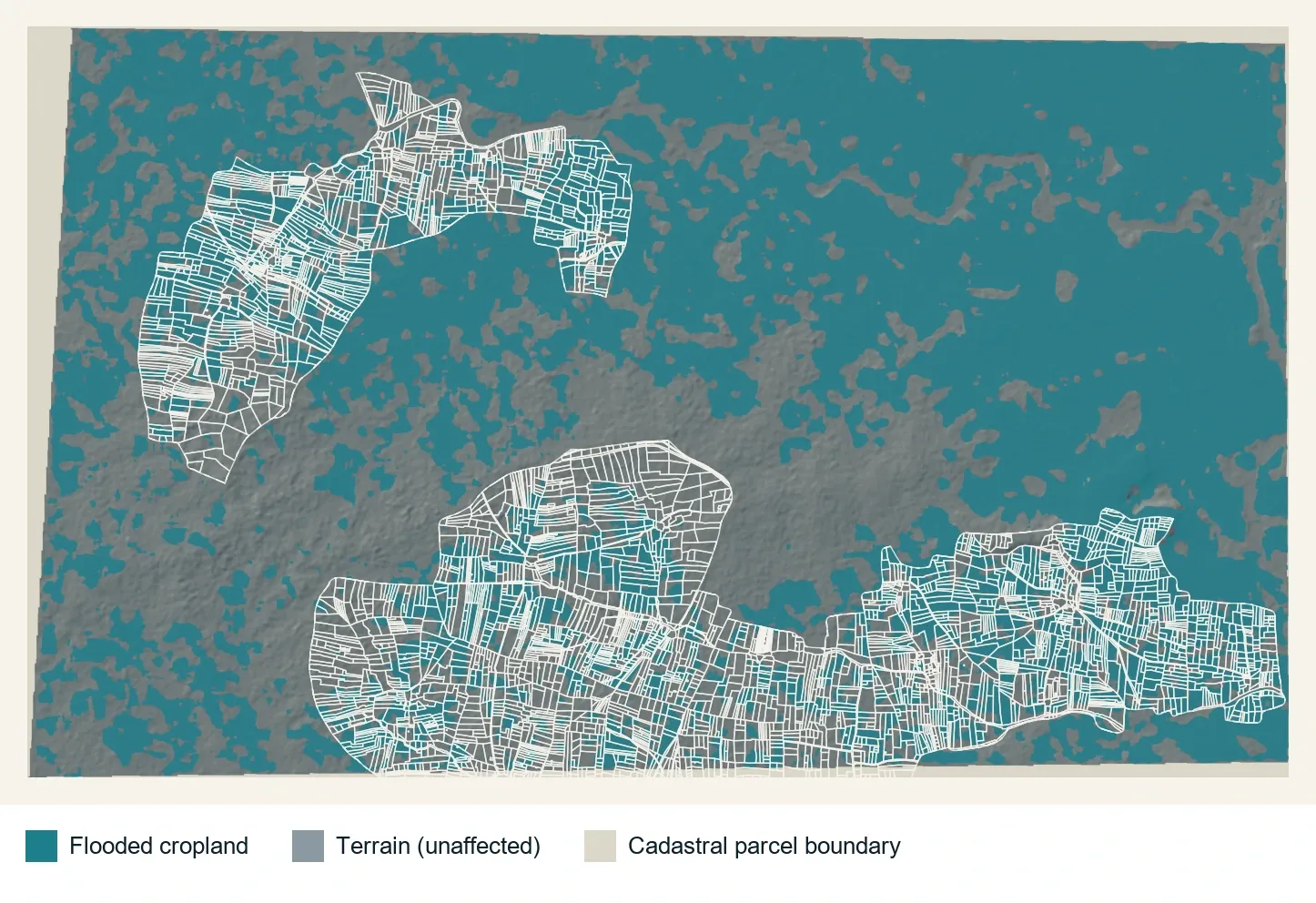 Flooded cropland over terrain with cadastral parcel outlines