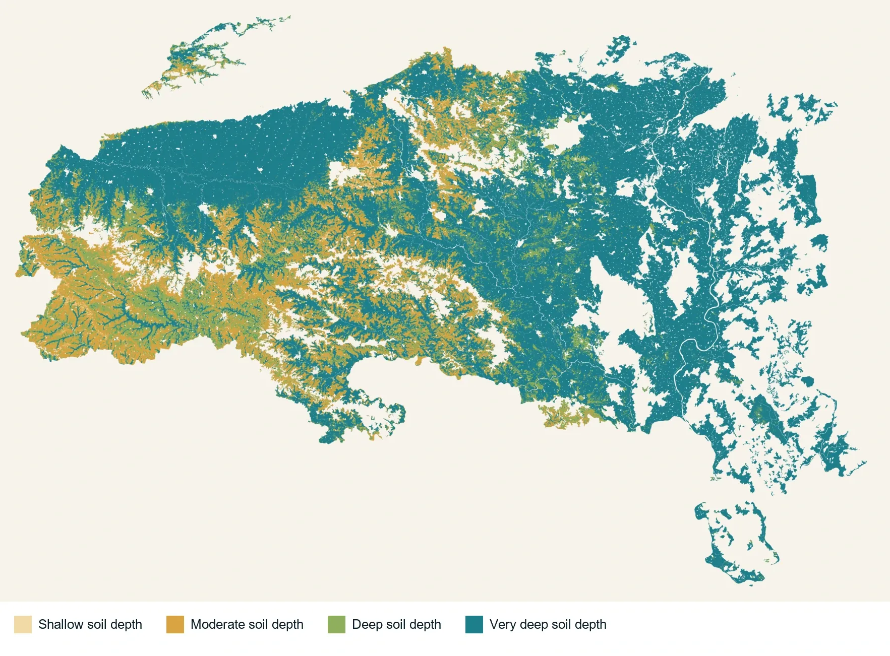 Regional soil-depth map in four depth classes, from shallow to very deep