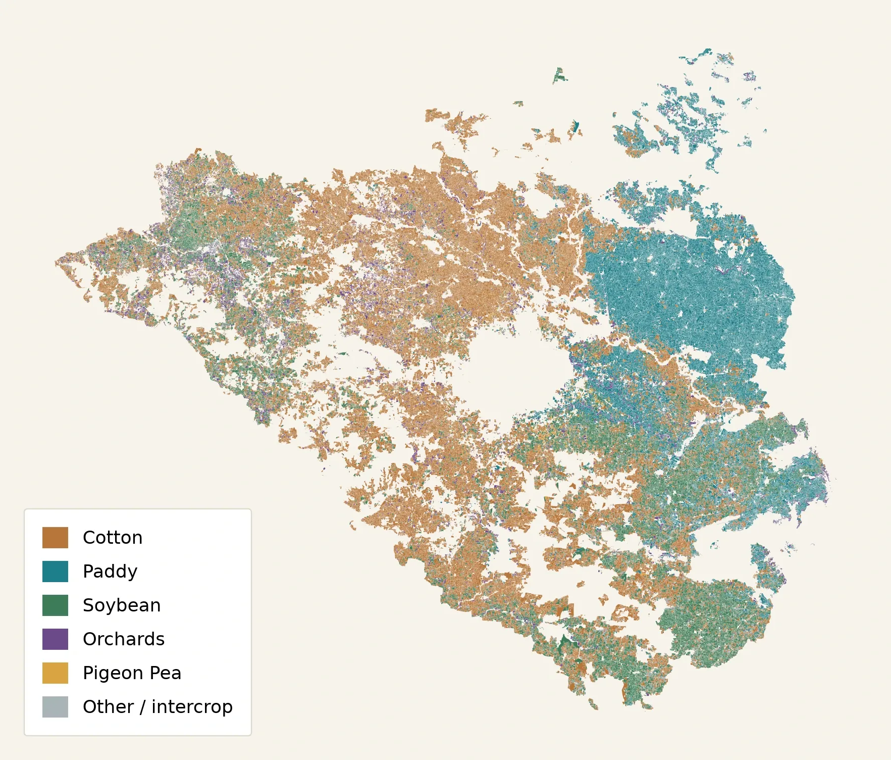 Regional map of farm parcels coloured by crop class: cotton, paddy, soybean, orchards and pigeon pea