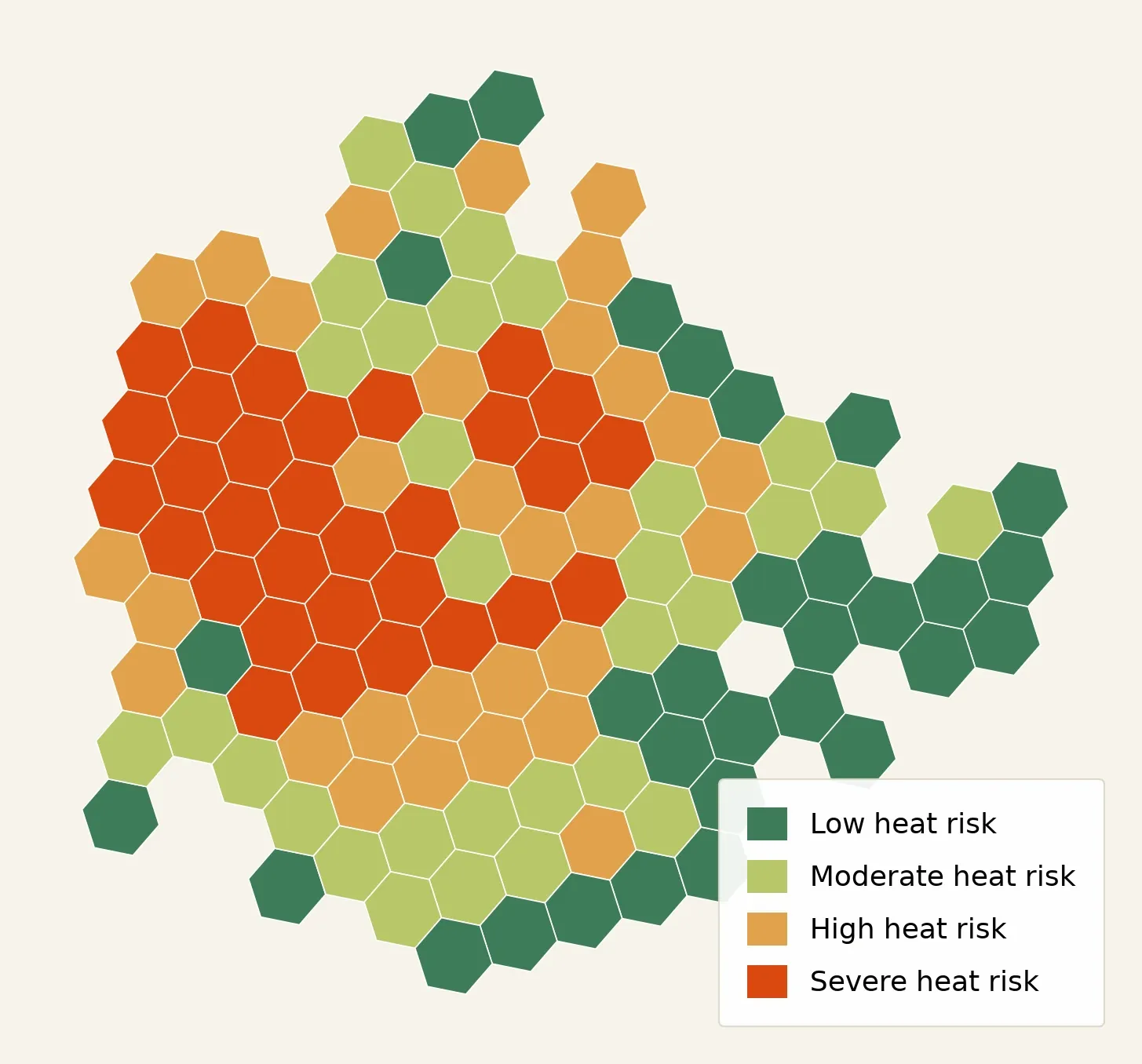 Hexagon map of city heat risk in four classes from low to severe